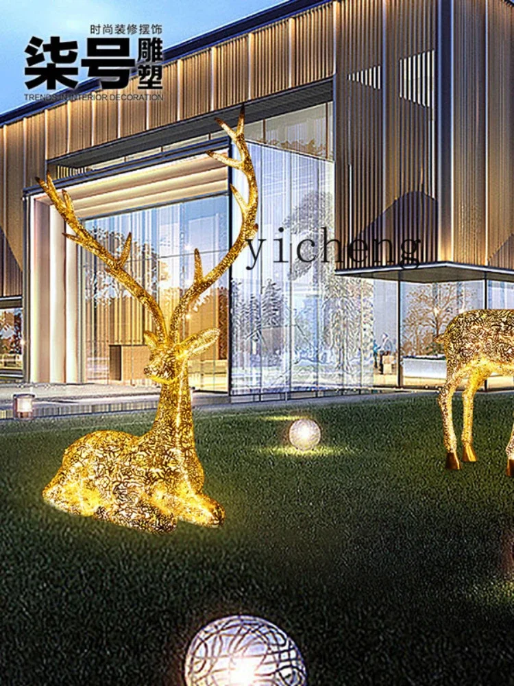 ZK Stainless Steel Floor Sculpture Luminous Lucky Elk Big Decorations Lawn Landscape