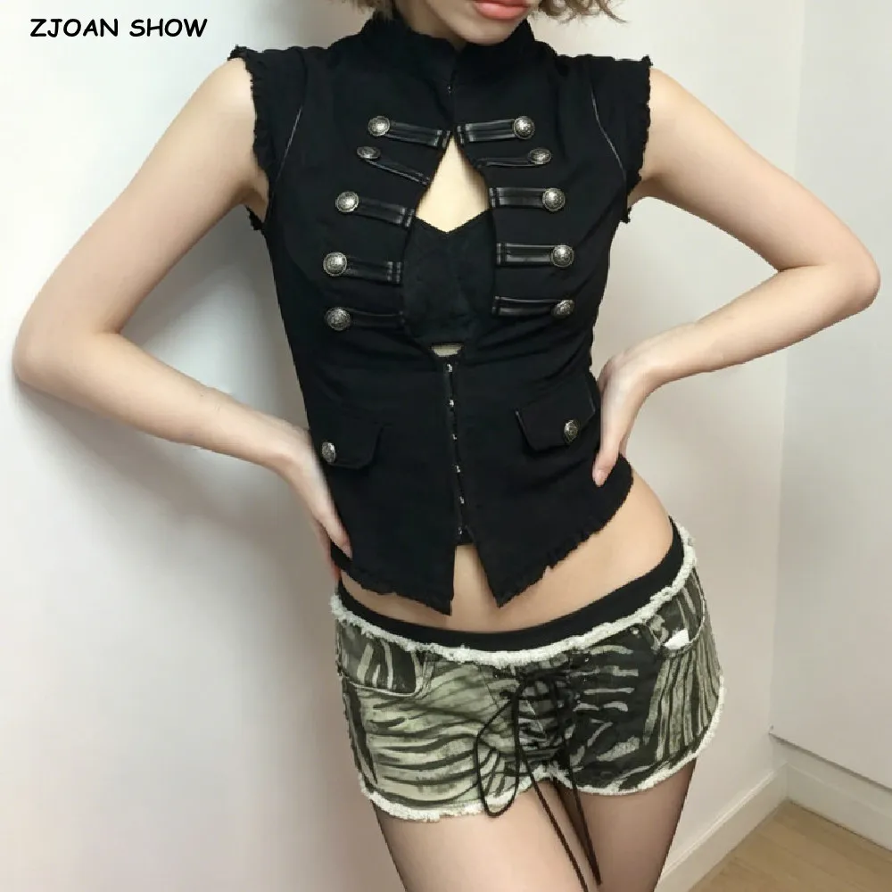 Sexy Black Stand Collar Spliced Faux Leather Rope Hook Buttons Tank Top Slim Waist Short Sleeve T-shirt Highstreet Crop Vest