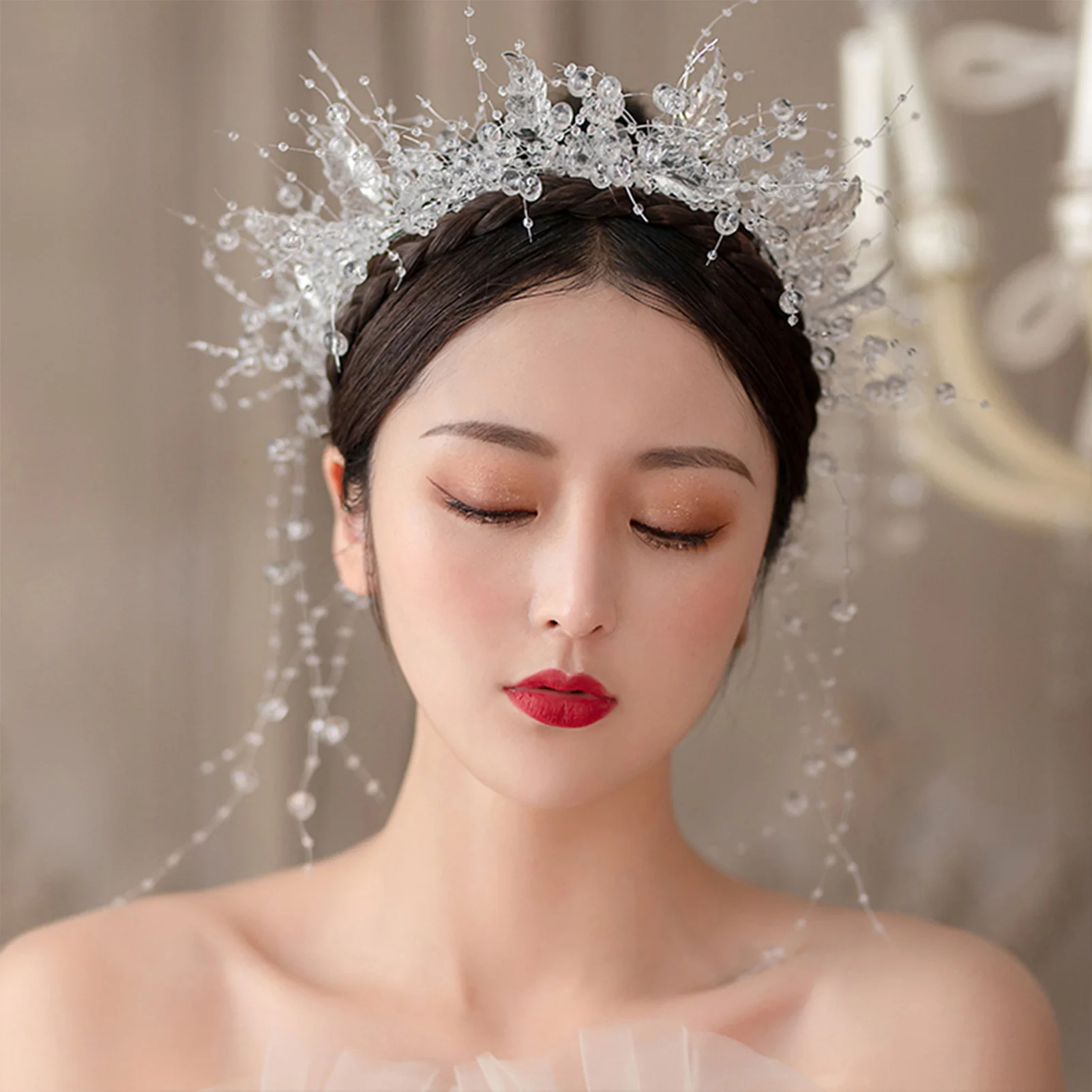 Luxury Hairband Cystal Tiara Wedding Hair Accessories For Women Tassel Silver Color Headband Princess Banquet Crown Hair Jewelry