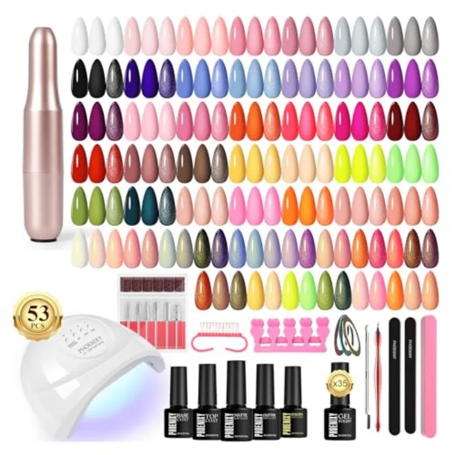 53 Pcs Gel Nail Polish Kit with U V Light Nail Drill, 35 Colors Gel Nail Kit Pink 5Pcs Glossy Matte Glitter Gold Silver Top Bas