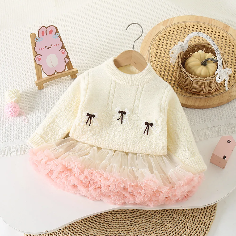 

Girls Knitted Clothes Sets Spring Autumn Children Woolen Jersey Sweaters Tops Skirts Princess Dress Suit For Baby Outfits Kids 6