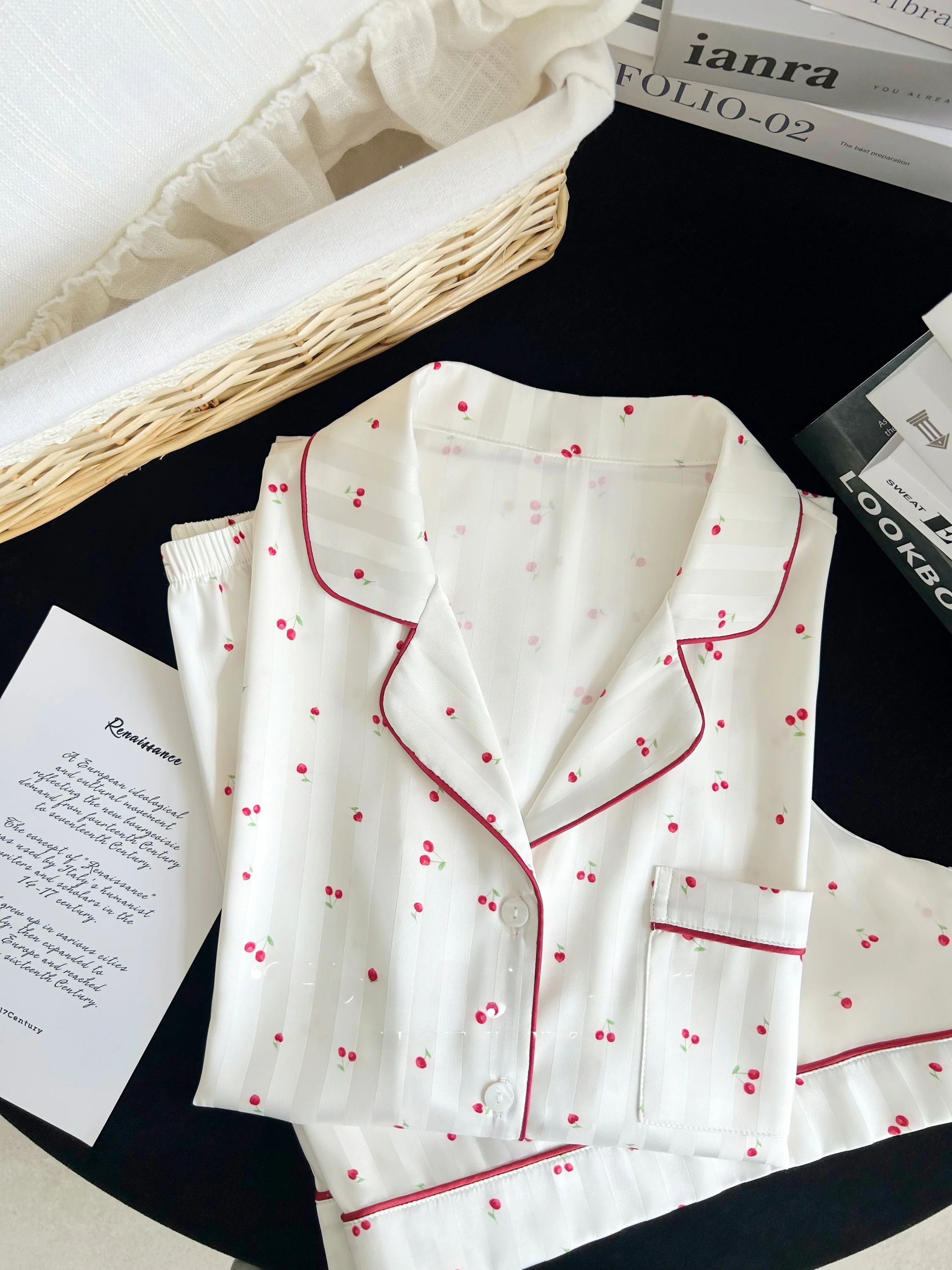 cherry-pattern-ice-silk-sleepwear-women's-summer-thin-smooth-short-sleeve-shorts-set-lightweight-cool-feeling-home-clothes