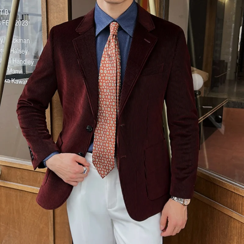 

Corduroy men's suit autumn winter slim fit two button notch lapel thick suit jacket business leisure fashion brown black blazer