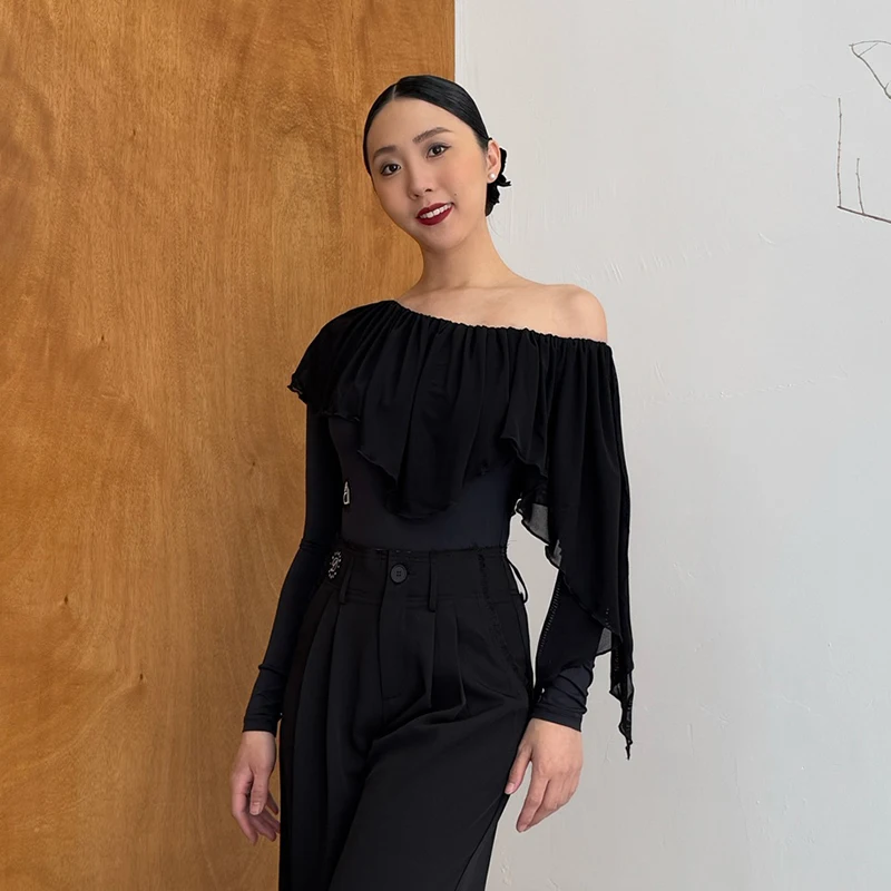 Schwarz Mesh Ballroom Dance Kostüm Frauen Lange Ärmel Bühne Body Erwachsene Walzer Modern Dance Performance Praxis Tops XH2919
