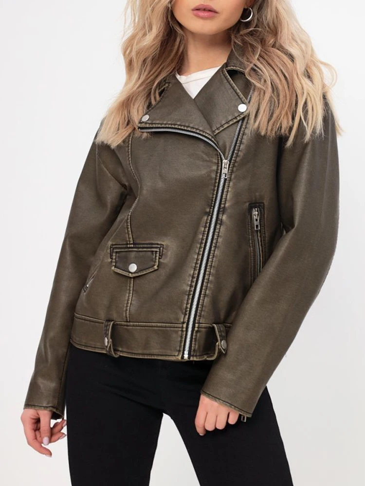 Ailegogo Women Vintage Loose Pu Faux Leather Jacket Streetwear Female Zipper Moto Biker Retro Coat Outwear