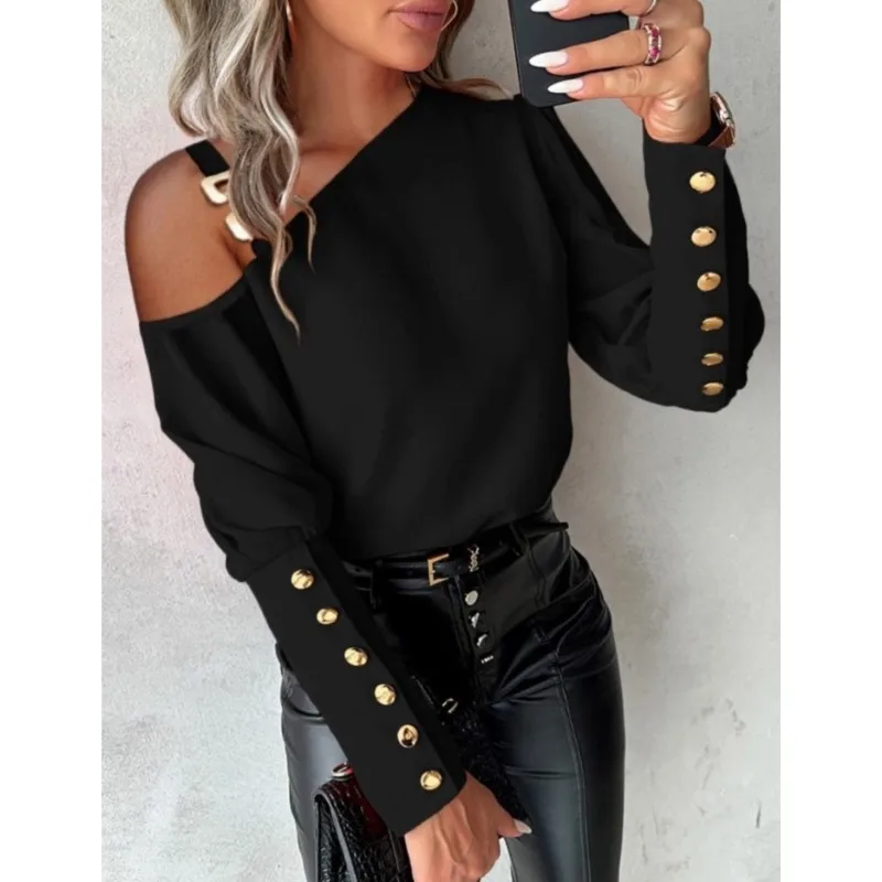 Versatile Off Shoulder Blouse Women Casual Long Seelve Metal Buckle Elegant Button Decor Shirts Famale Fashion Lady Loose Tops