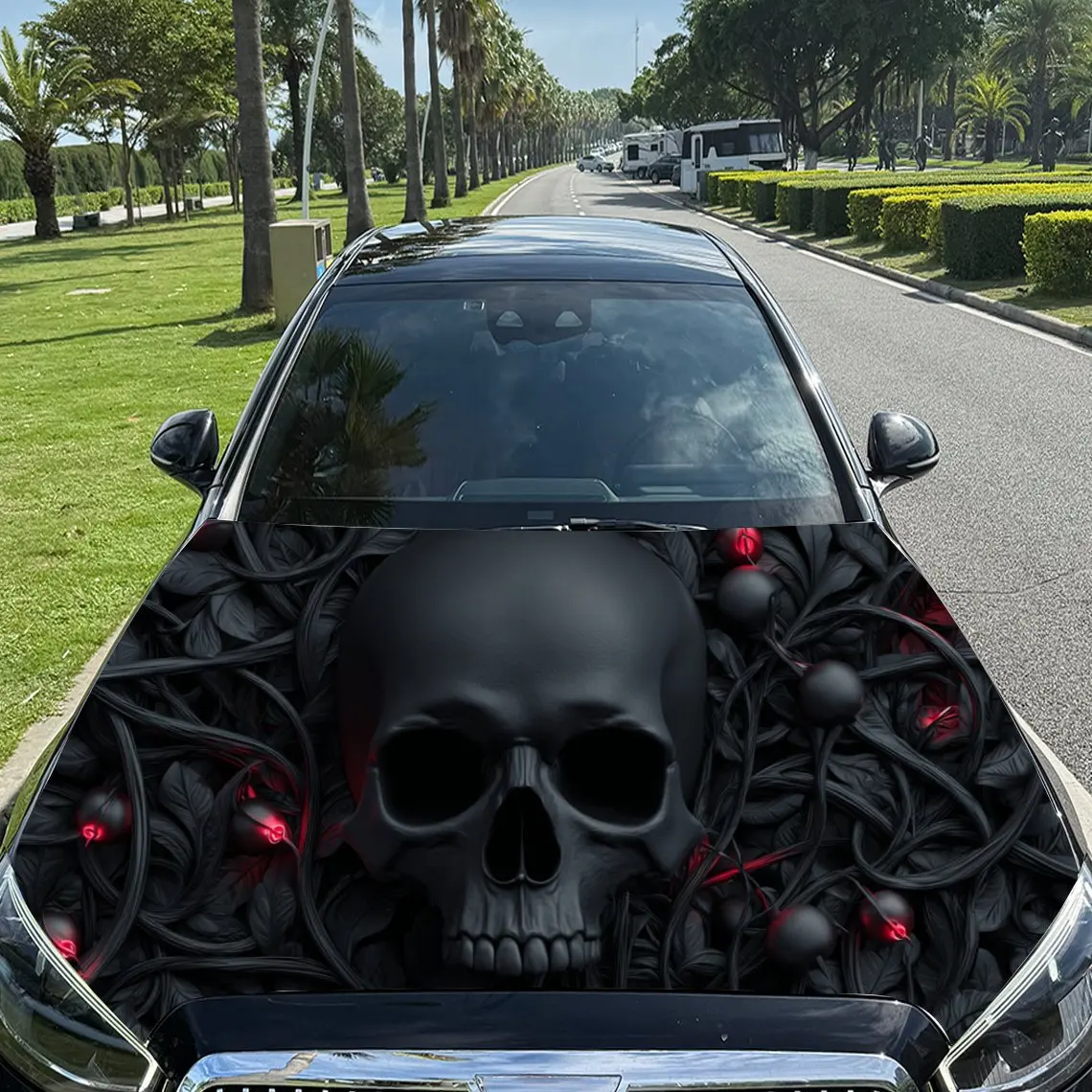 

Enchanting Skull in Dark Tones with Berries PVC Car Engine Hood Vinyl Wraps, Self-Adhesive Waterproof Car Hood Decal Sticker, Ca