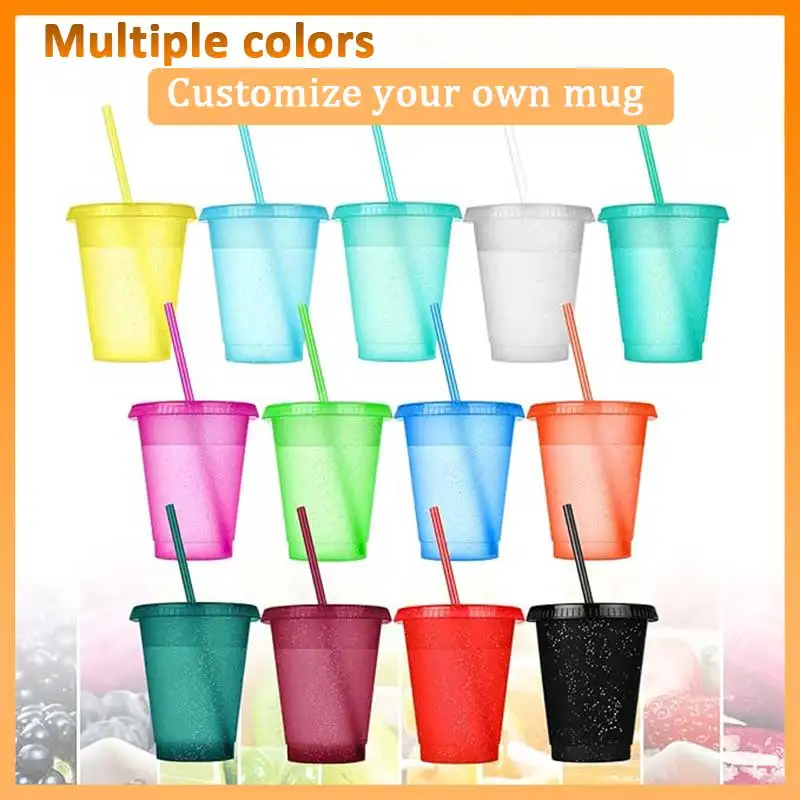 

16 Oz Glitter Reusable Plastic Cup with Straws And Lids-Bright Colors Iced Coffee Water Bottle for Birthdays Travel And Parties