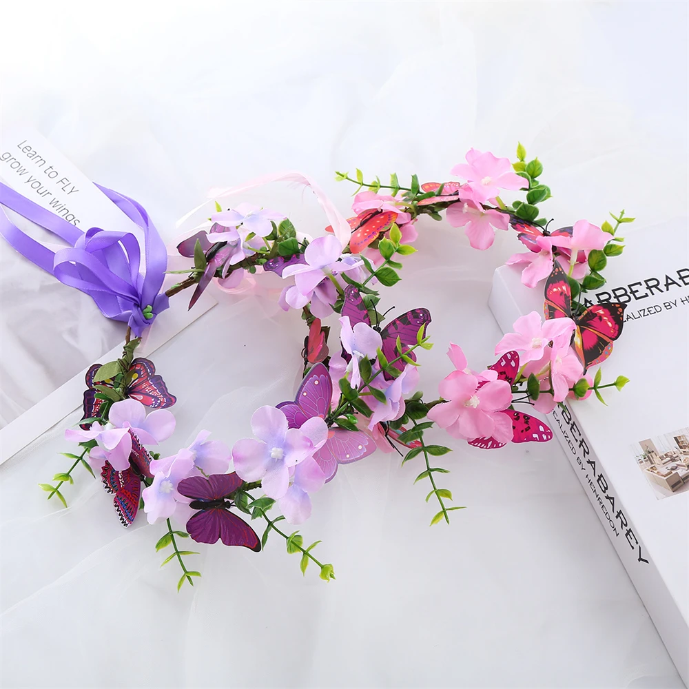 Diadema de corona de mariposa de simulación, corona hecha a mano de primavera, diadema de novia, guirnalda de comunión de boda, regalo de decoración de Tiara para niños