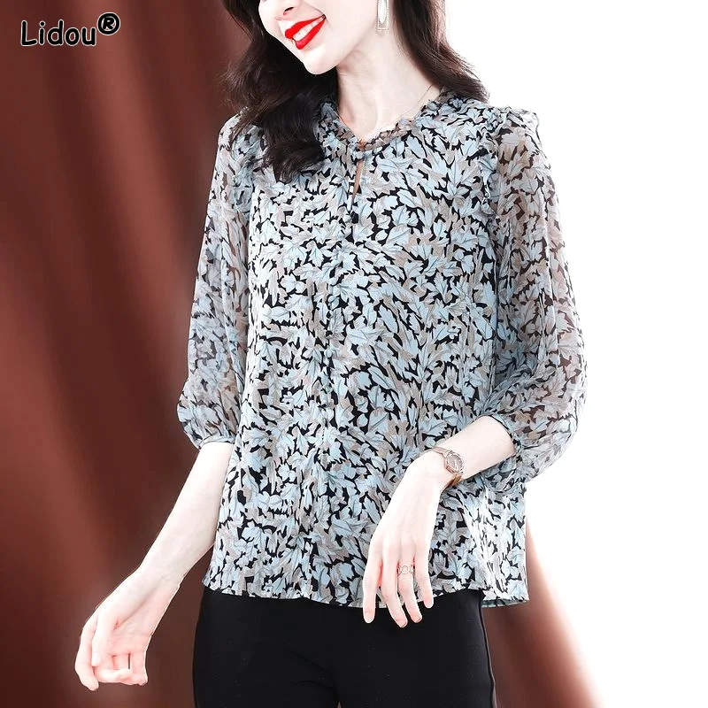 

Fashion Three Quarter Sleeve Women's Clothing Printing Casual Button Comfortable Blouses V-neck Simplicity Spring Summer Thin