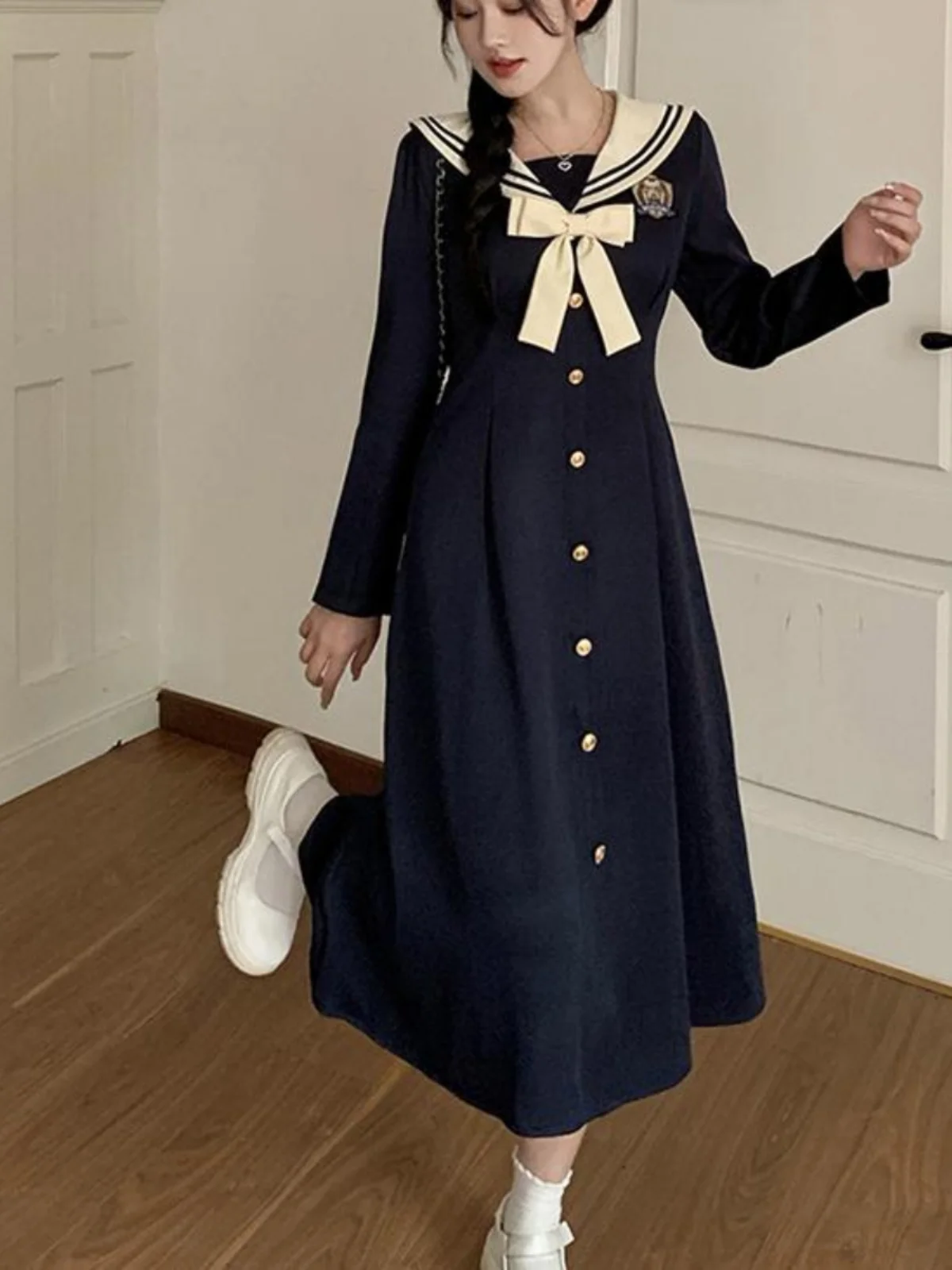 

plus Size Women's Embroidered Knot Dress Slimming Waist A-Line Long Skirt Korean Style Commute High Waist Long Sleeve