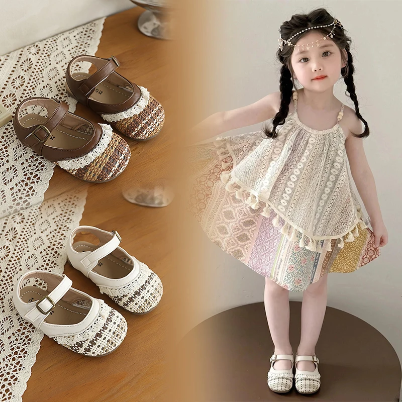 

Girls Woven Mary Jane Sandals Lace Trim Kids Summer Shoes Retro Fashion Children Causal Flat Sandals Outdoor Non-slip Breathable