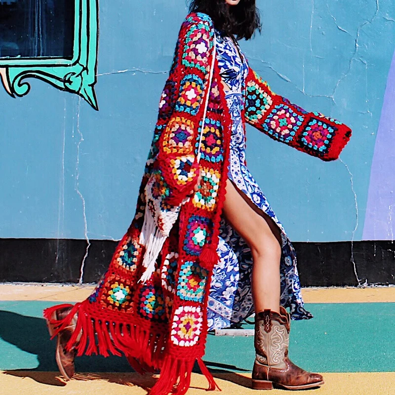 Women's Handmade Crochet Crochet Flower Ethnic Style Grandmother Grid Red Tassel Jacket Handmade Crochet Sweater Customizable