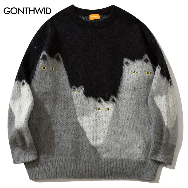 Cat Graphic Knitted Sweater Men Oversized Hip Hop Streetwear 2023 Autumn Pullover Black Loose Casual Jumper