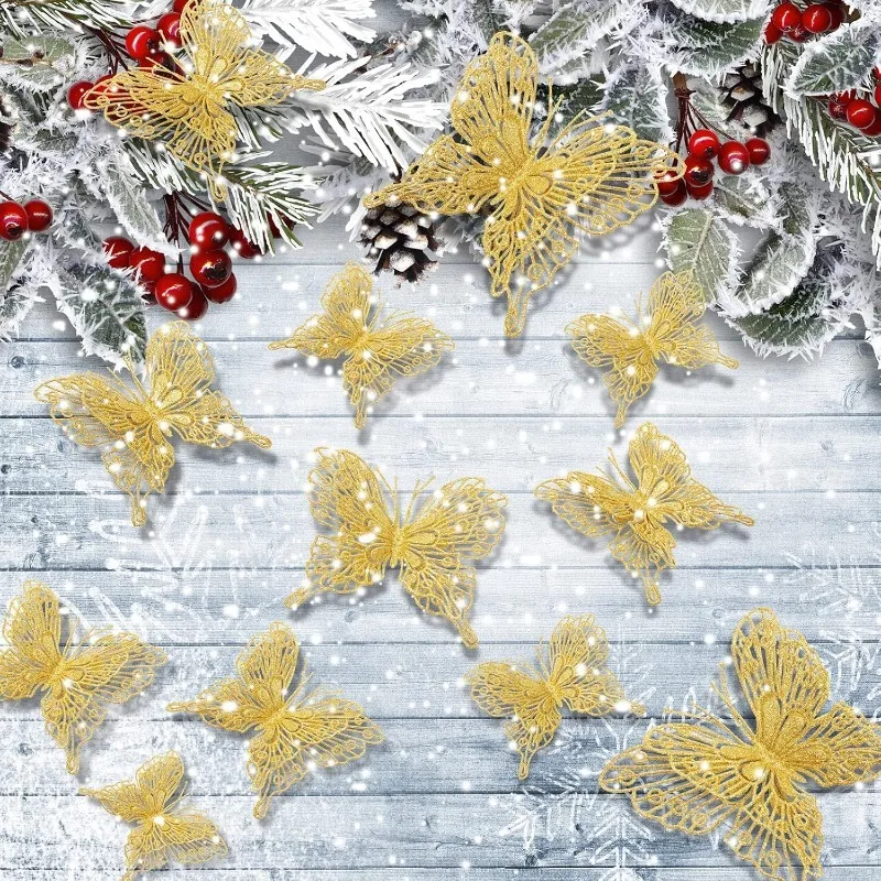 5/10 Stück glitzernde Schmetterlinge, Weihnachtsdekoration, Weihnachtsbaum, funkelnde Schmetterlinge, hängende Ornamente, Heimdekoration, Neujahr 2025, Geschenk – Detail 3