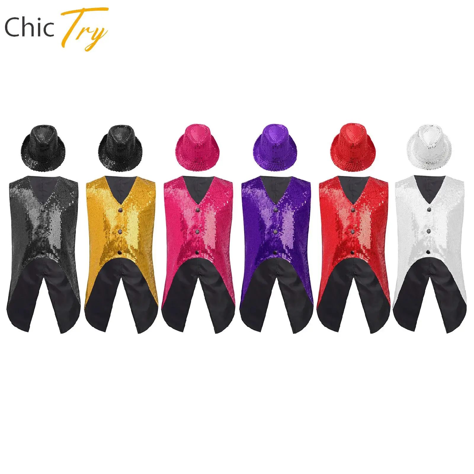 

New Sparkly Sequin Jazz Dance Set Sleeveless Asymmetrical Hem Vest with Hat Birthday Party Performance Costume for Kids Girls