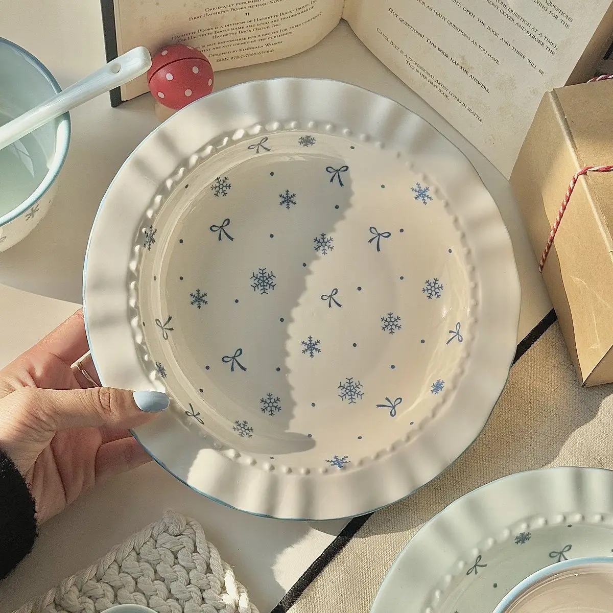 

[Early Snow] Milk Blue Healing Ceramic Bowl Plate, Underglaze Color Girl Heart Ceramic Tableware Set
