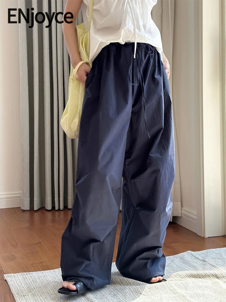 

2024 Summer Women Drawstring Workwear Wide Leg Pants Korean Fashion Cool Streetwear Sun Protection Loose Trousers Beige/Blue