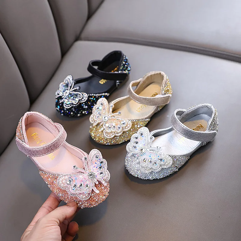 

Girls Princess Leather Shoes New Children's Flats Party Wedding Versatile Rhinestone Butterfly Kids Performance Dresses Shoes