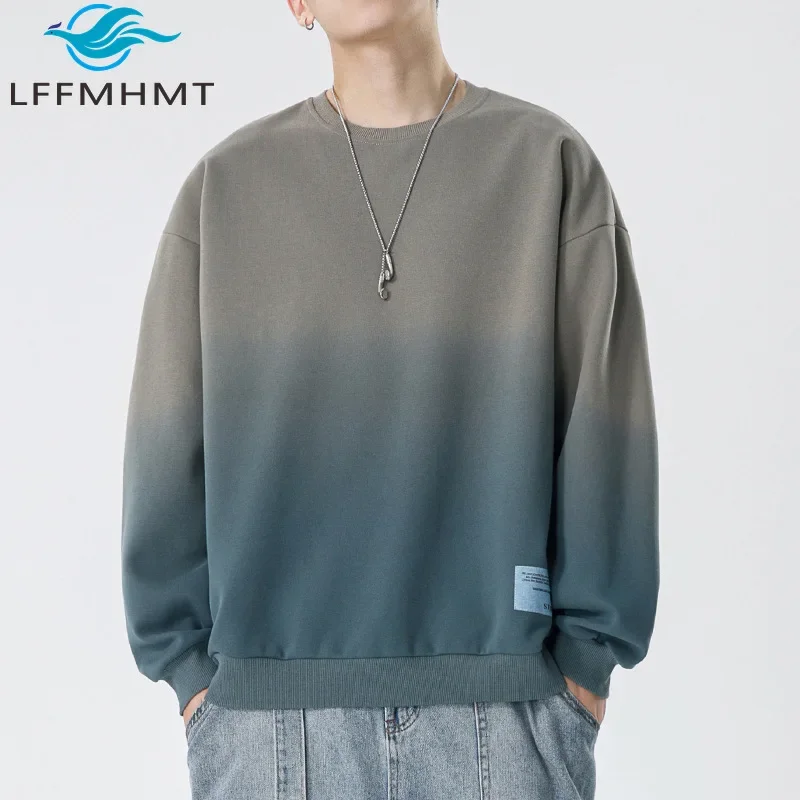 Spring Autumn Men's Basical Gradual O-neck Hoodie Good Quality Cotton Blended Hanging Dye Loose Casual Fashion Brand Sweatshirts