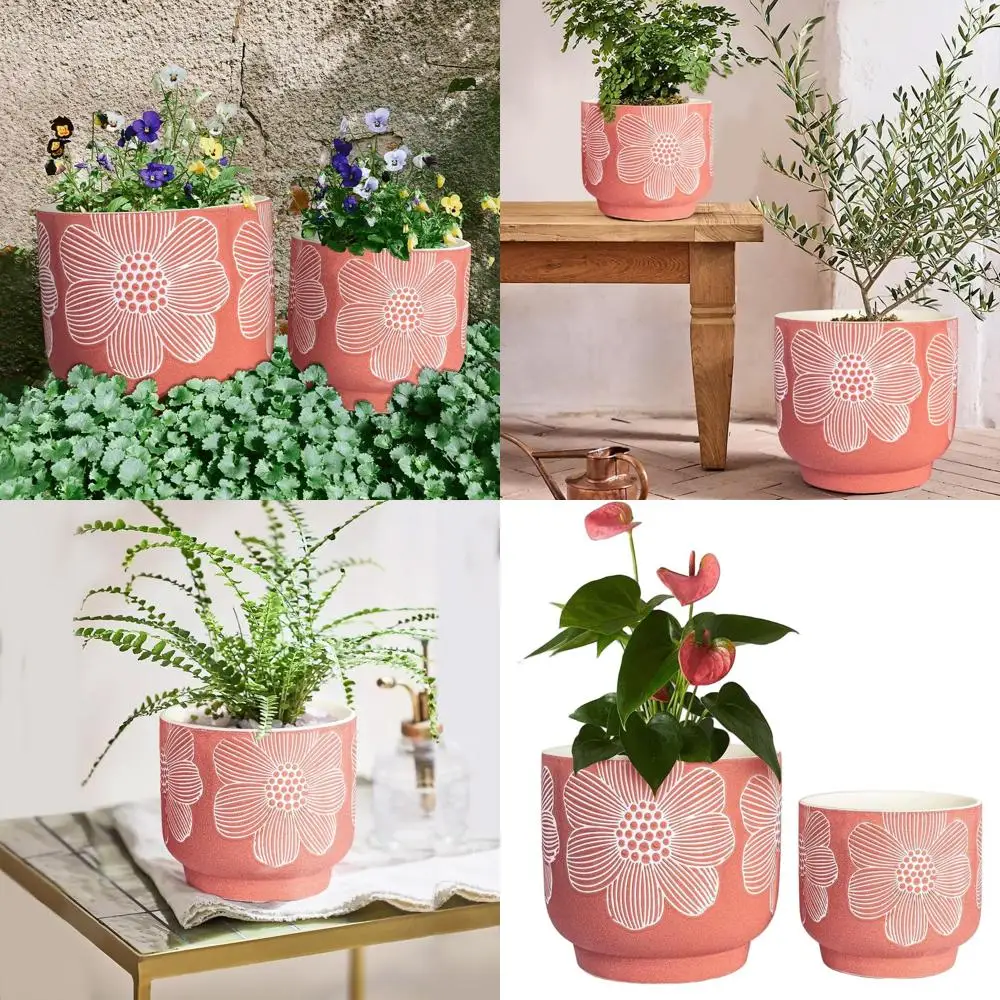 

8 + 6 White Flower Pattern Ceramic Plant Pots with Drainage Hole, Sand Glazed for Indoor Plants, Red