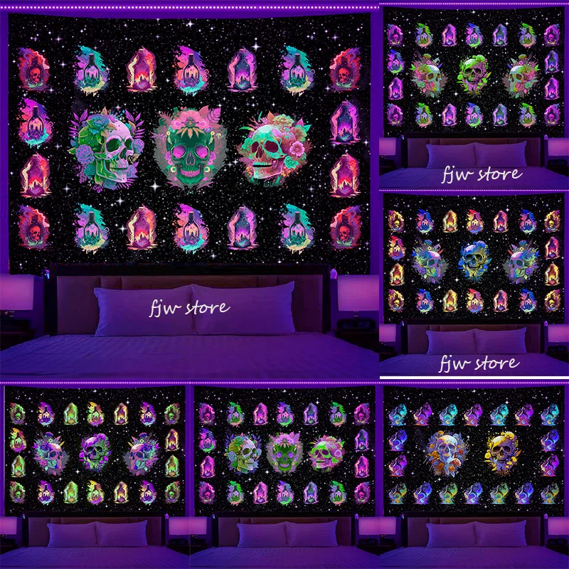 

Fluorescent Magic Bottle Skull Tapestry Fabric Wall Hanging Bohemian Hippie Room Decor Aesthetic UV Home