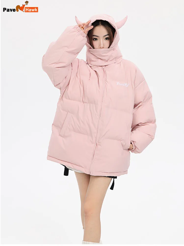 Hooded Pink Parkas Men Women Winter Devil\'s Horn Cotton Padded Jackets Loose Hip Hop Harajuku Y2k Puffer Bubble Outwear Coats