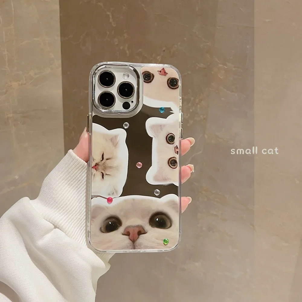 Lustro Zabawny biały kot uroczy kotek Rhinestone Etui na telefon do iPhone'a 16 15 14 13 12 Pro Max Etui Plating Słodka, wstrząsoodporna obudowa