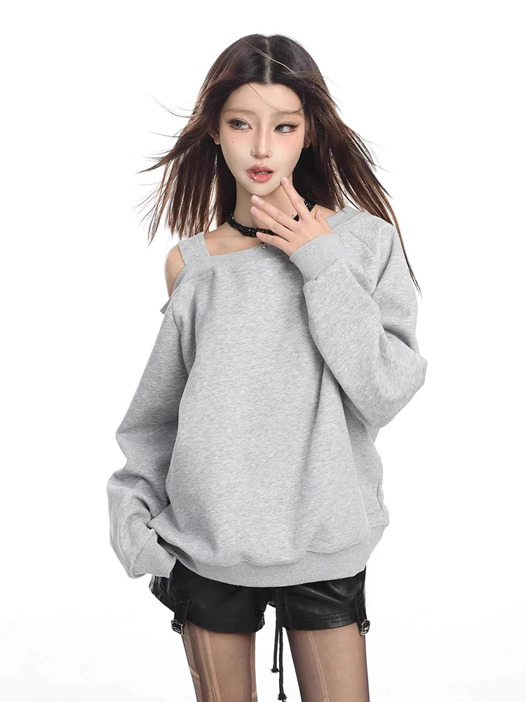 Women Retro Irregular Off Shoulder Sweatshirt Autumn New Lazy Style Loose Pullover Tops Long Sleeved Oversized Hoodie