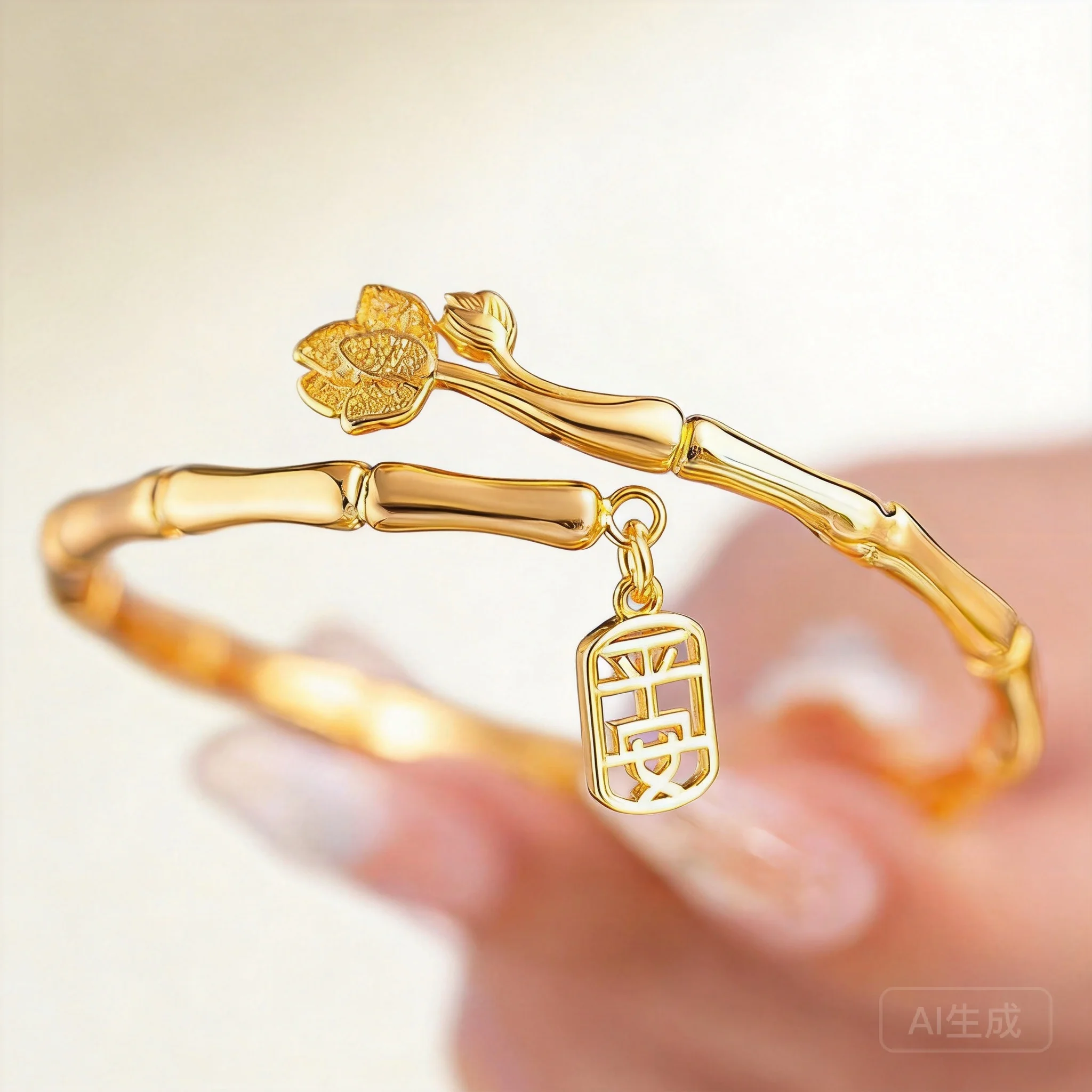

Chinese Style Vintage Gold Color Bamboo Joint Lotus Bangle Solid Peace Blessing Lucky Charm Bracelet For Women Birthday Gift Aus
