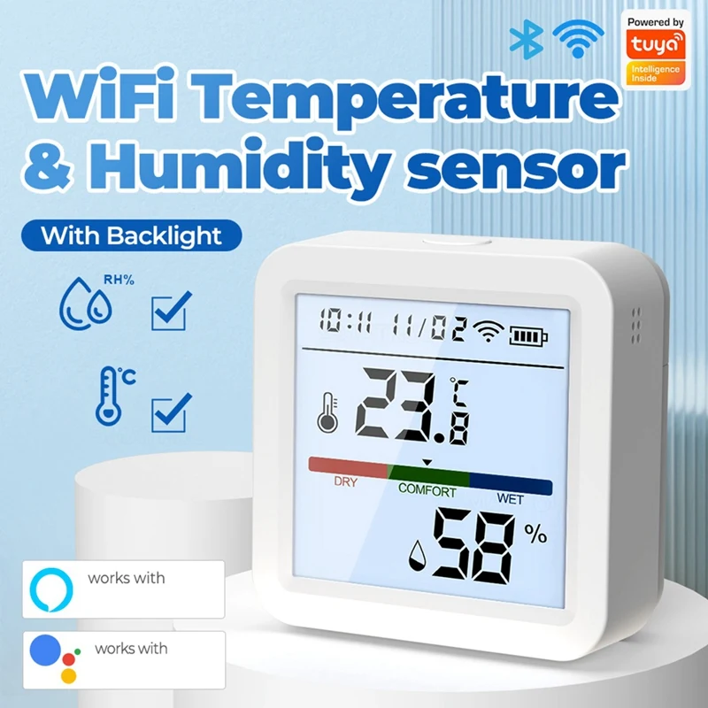 Smart Wifi Temperature And Humidity Sensor,Tuya Indoor Hygrometer Thermometer With LCD Display Backlight Accessories