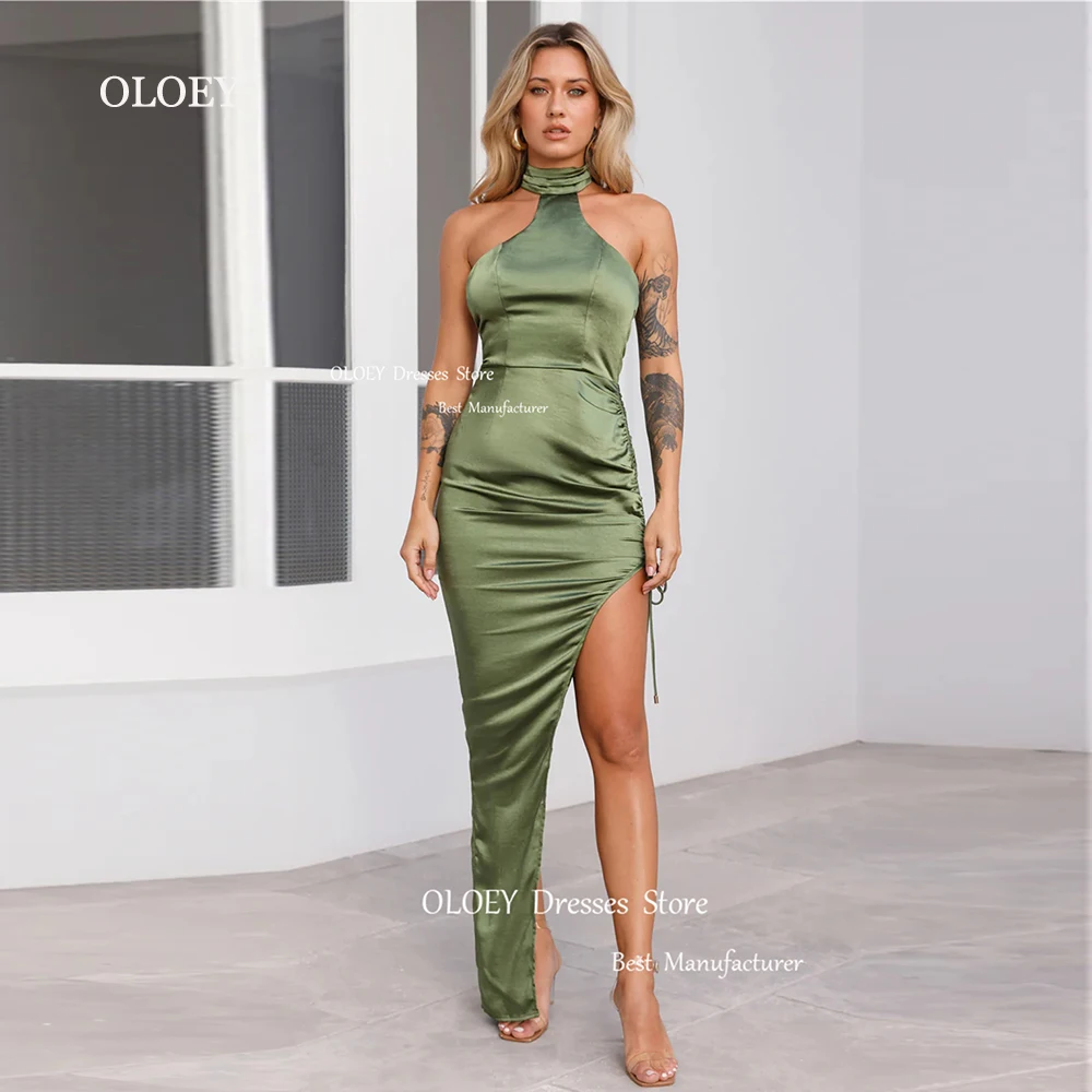 

OLOEY Sexy Backless Mermaid Evening Dresses Halter High Slit Pleated Satin Wedding Party Dresses Ankle Length Prom Gowns Custom