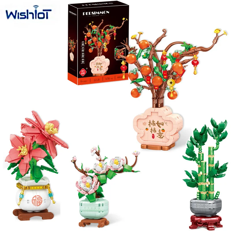 Simulato cachi/fiore/bambù modello blocchi di costruzione pianta in vaso in stile cinese assemblato decorazione della stanza mini mattoni fai da te giocattolo