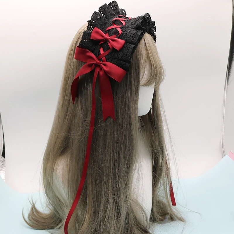 น่ารัก Bowknot Sweet Lolita ลูกไม้ดอกไม้ผม Hoop อะนิเมะแม่บ้าน COSPLAY Headband Headwear ญี่ปุ่นอุปกรณ์เสริมผม