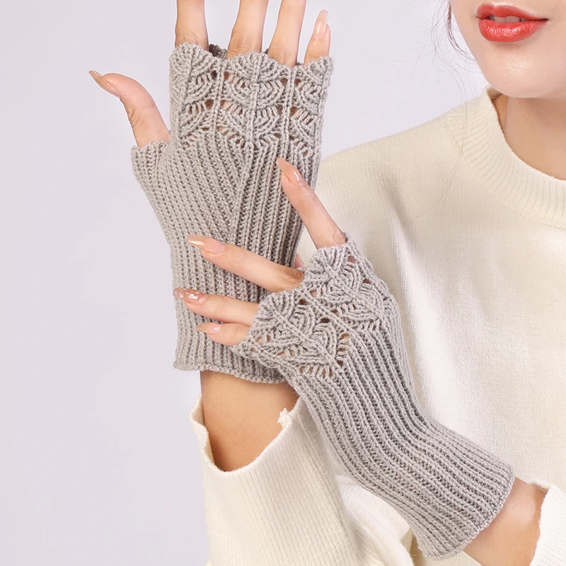 

Women Winter Fingerless Gloves Warm Soft Wool Knitted Mittens Elegant Wrist Arm Hand Half Finger Write Office Short Gloves