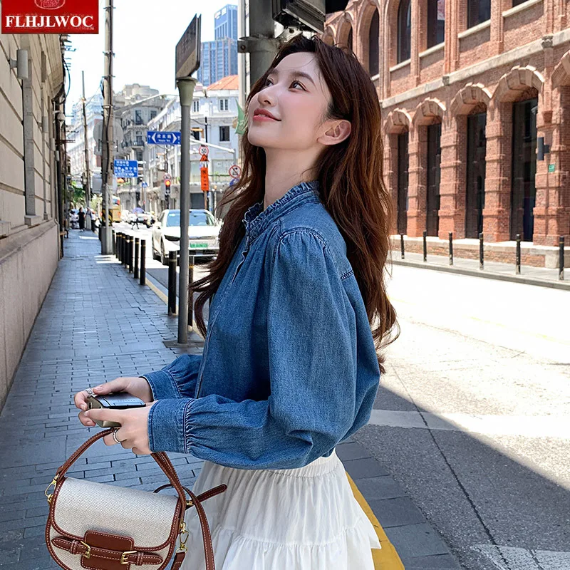Europeu retro denim topos solto outerwear ano novo primavera feminino manga longa casual vintage gola azul jeans camisas jeans