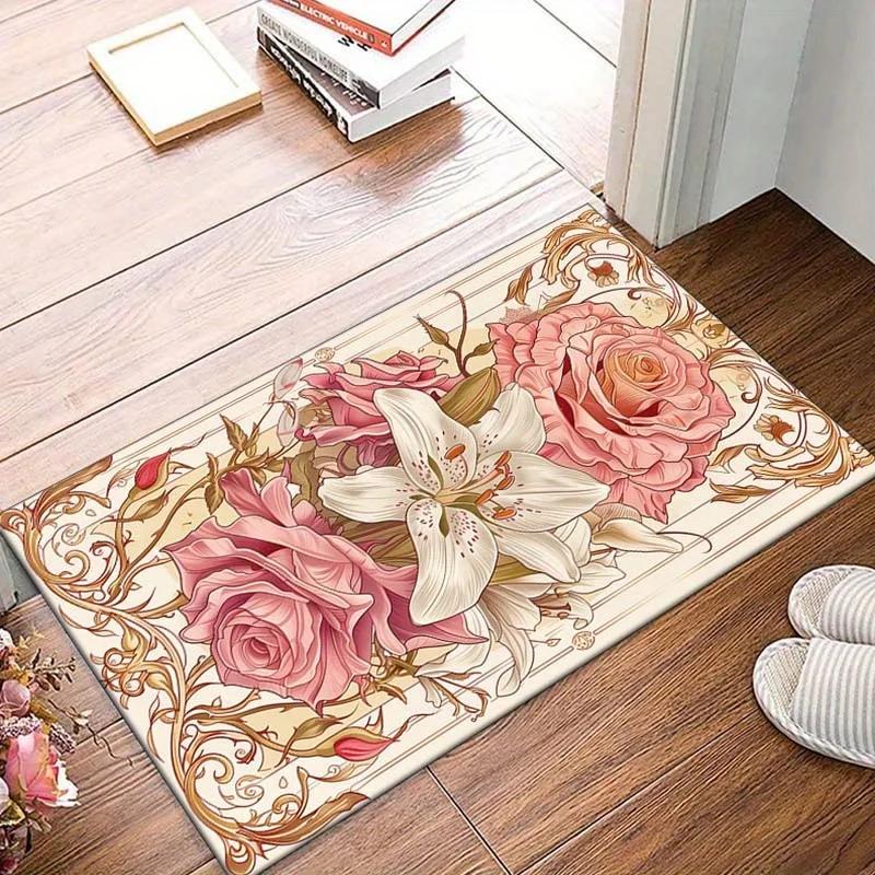 

1pc Rose Lily Floral Pattern Carpet - Crystal Velvet Fabric for Living Room or Bedroom Decoration