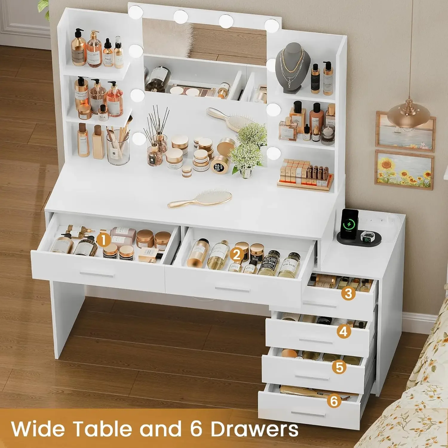 48" Large Vanity Desk with Mirror & Lights, Makeup Vanity Table with 6 Drawers & Power Outlet, 4 Open Storage Shelves,White image 3