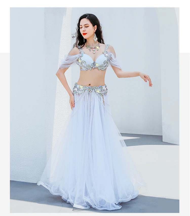 Elegant Popsong Women Egyptian Dance Competition Belly Dance Costume Oriental Dance Rhinestone Beaded Bra Belt Maxi Skirt