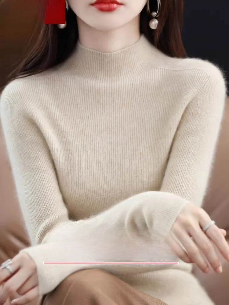 

Осенне-зимний женский свитер с высоким воротником, модный однотонный облегающий вязаный базовый джемпер с длинным рукавом