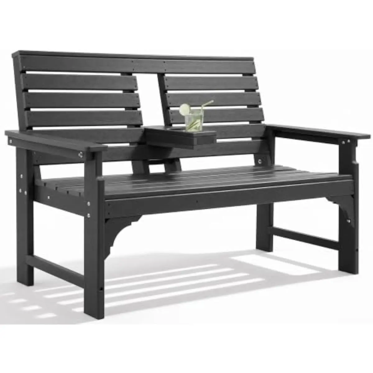 Weatherproof HDPE Garden Bench for Two • Ergonomic Curved Seat • Integrated Flip-Down Cup Holder • 700-Lb Capacity • Reinforced
