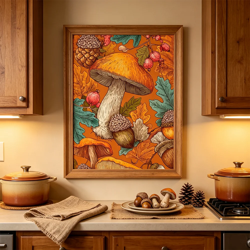 Mushroom Print Vintage Botanical Poster Wall Art Picture Colorful Leaves Canvas Painting Kitchen Wall Decor for Living Room
