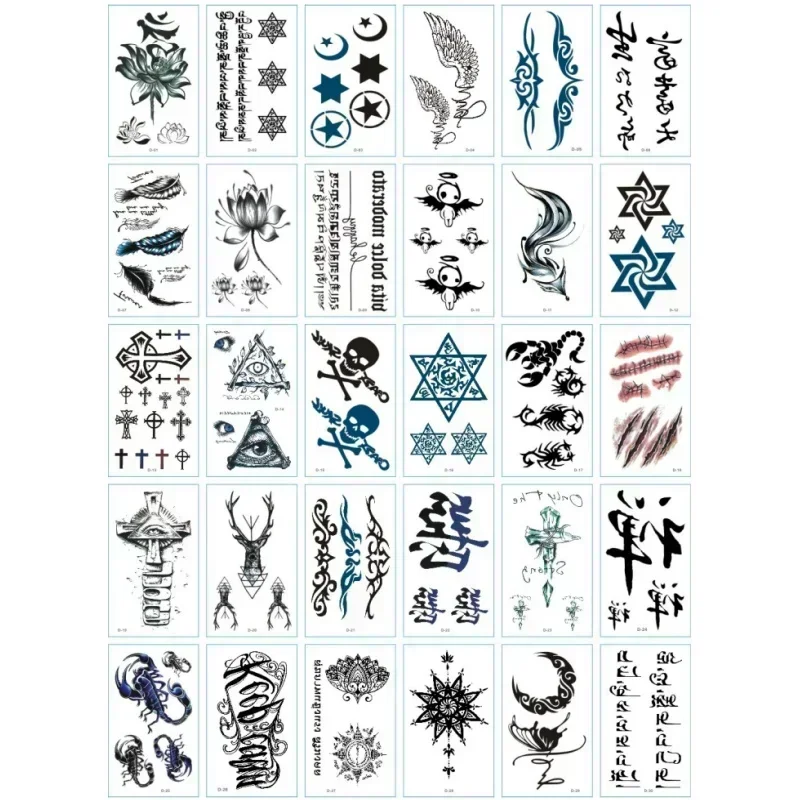 60pcs/set Waterproof Men Tattoo Eye Chinese Letter Dragon Scorpion Angel Wings Totem Small Temporary Tattoos Sticker for Arm Leg