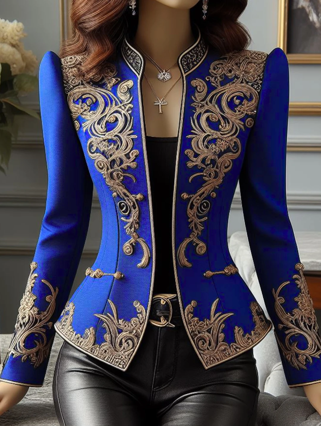 2024 Elegant Chic Jacket Women Vintage Floral Stand Collar Slim Waist Design Asymmetric Loose Long Sleeves Tops Blazers Coats