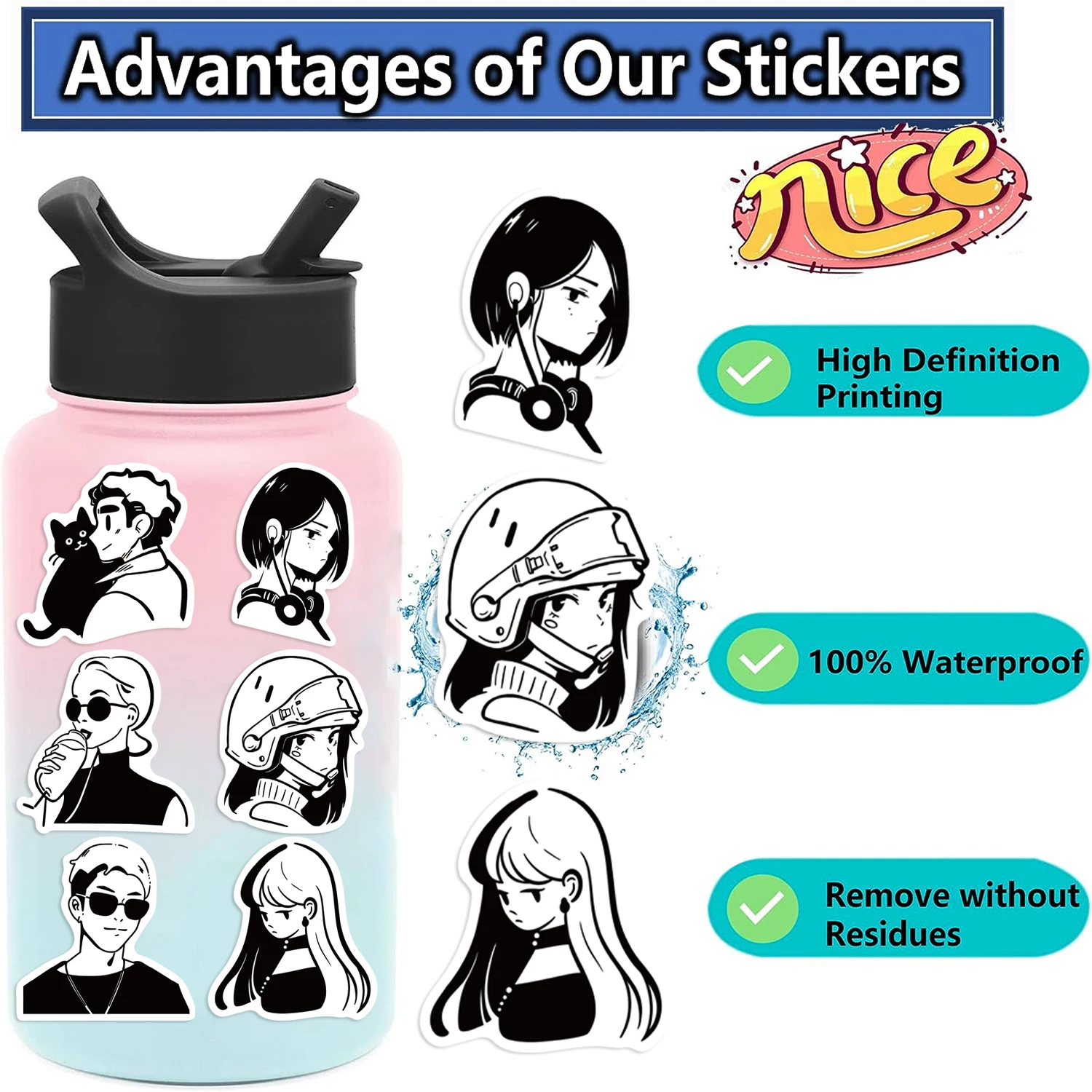 50PCS Black And White Head Graffiti Waterproof Sticker Decoration Cartoon Character Decals Hand Account Stickers