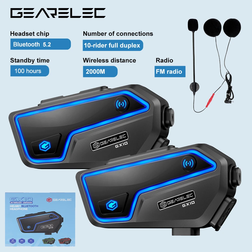 

GEARELEC GX10 Motorcycle Intercom Helmet Bluetooth Headset 10 Riders 2km MOTO Communicator Interphone FM Music Sharing PK B4FM-X