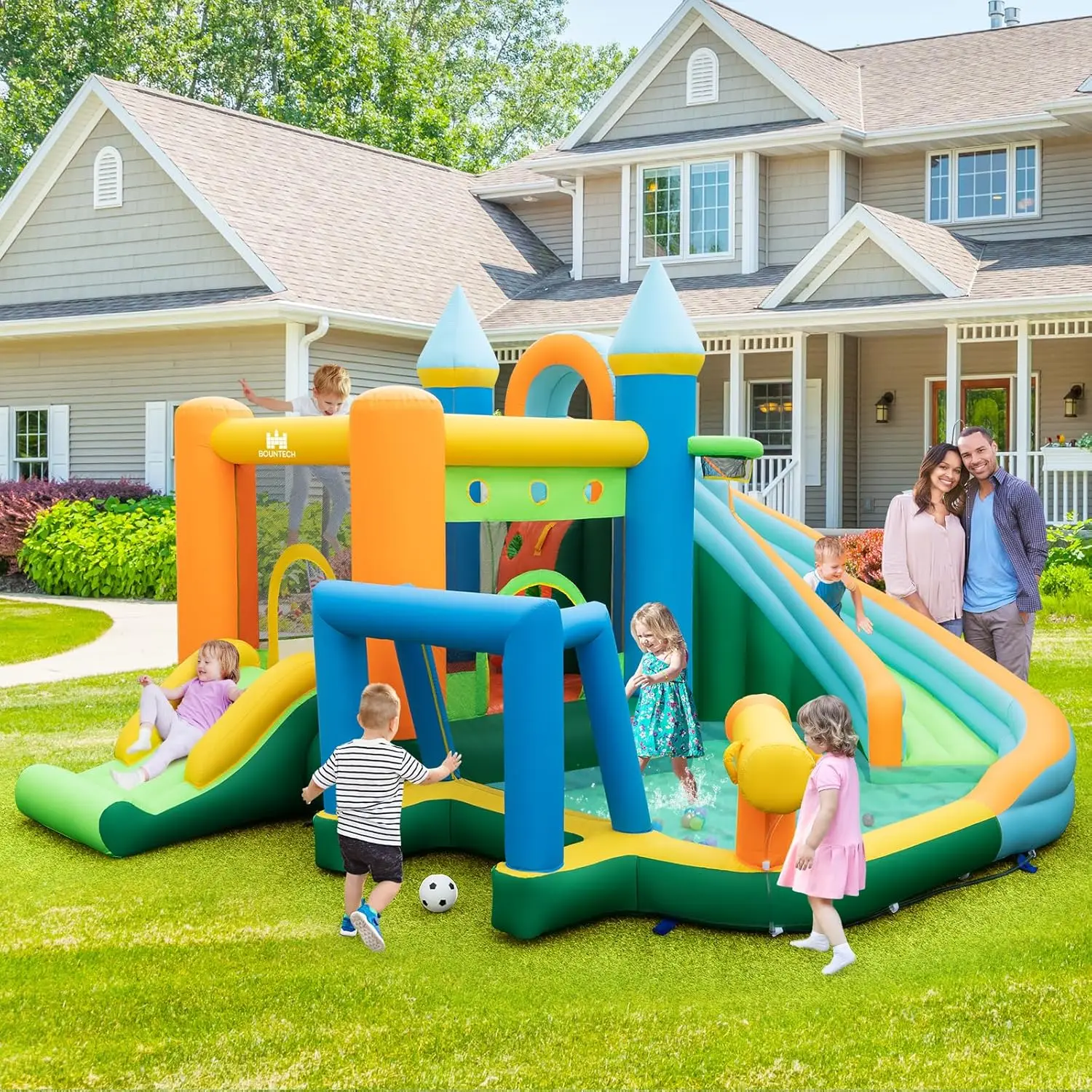 Nadmuchiwana zjeżdżalnia wodna, 9 w 1 dzieci Park wodny Bounce House Combo do zabawy na świeżym powietrzu z basenem, ścianką wspinaczkową, dmuchaną wodą Sl