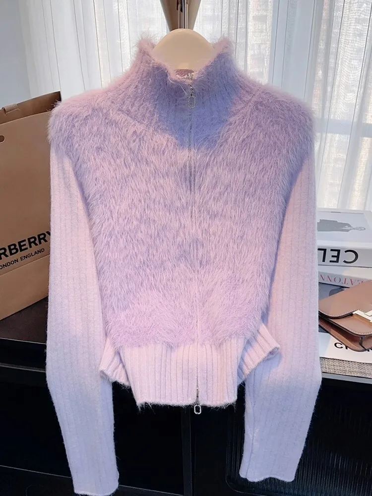 

2025 Spring French Style Soft Short Purple Double Zipper Mink Fur Sweater Petite Women Knitted Cardigan Coat Elegant Trendy Tops