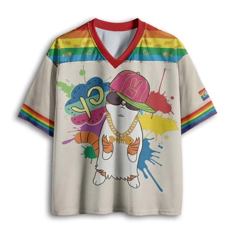 Bandai New V-neck Shirt  American Retro Sports Style Graffiti Fashion, Loose Fitting Short Sleeved Unisex Style Family Matching