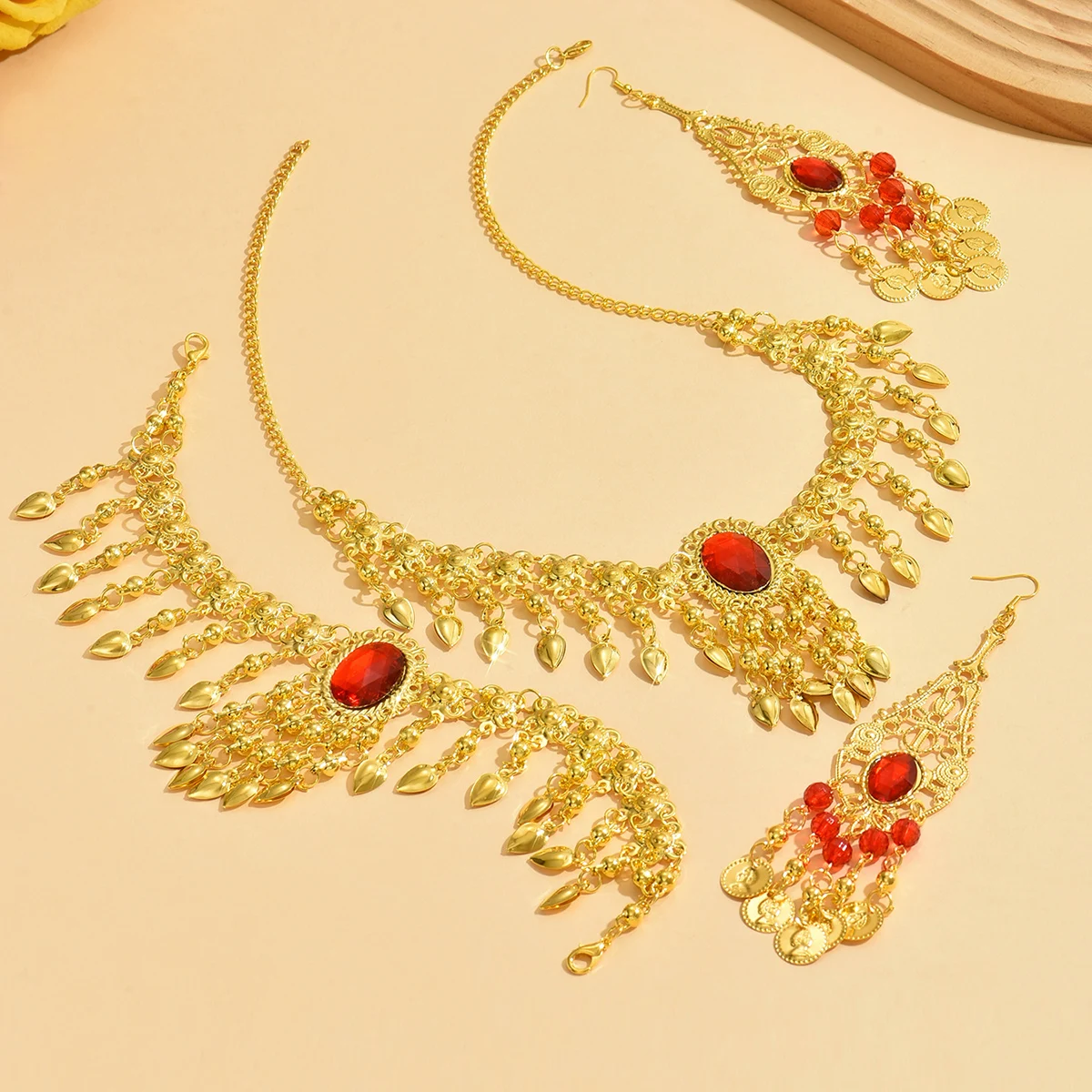 Arabian Popular Imitation Golden Circular Inlaid Pendant Portrait Pattern Necklace Head Chain Earring Combination Jewelry Set image 3